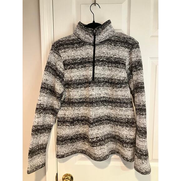 Lands' End 1/4 Zip Sherpa Black White Gray Ombre Stripe Pullover Sweater Size M - Picture 1 of 10